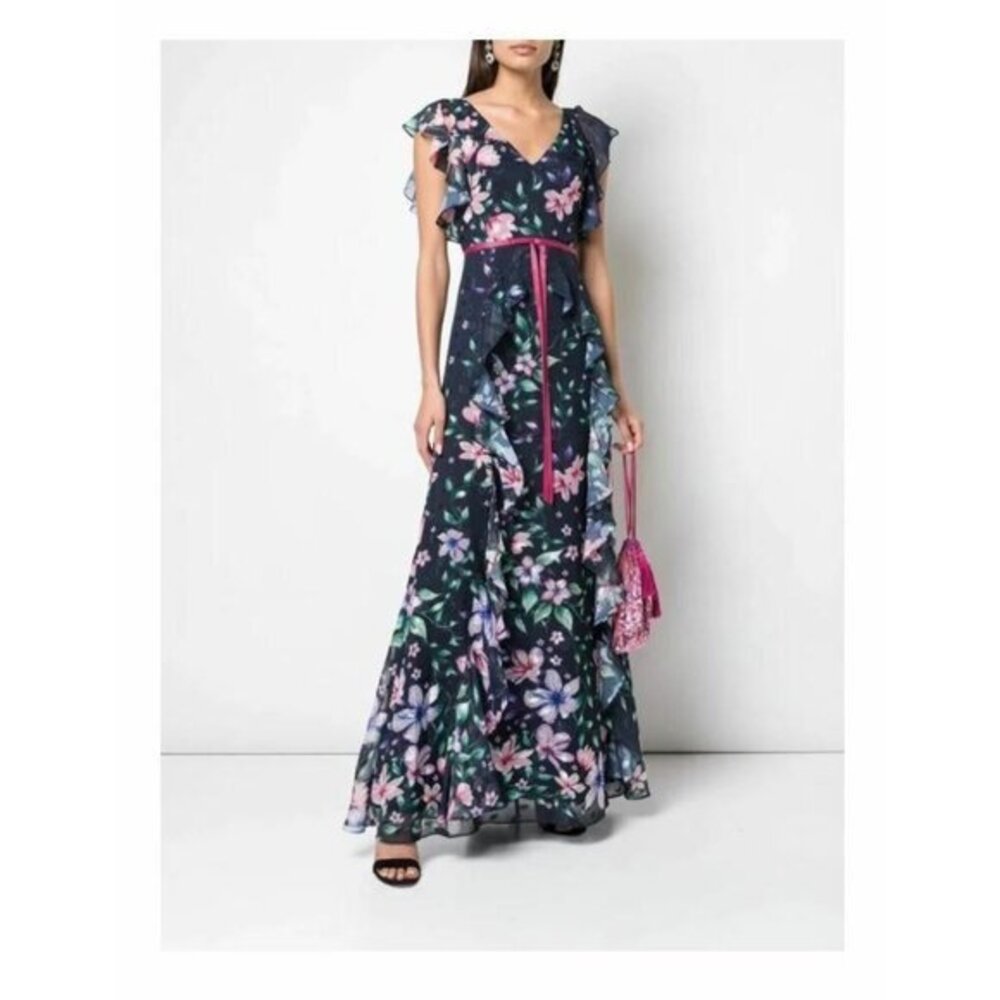 Marchesa Notte Navy Floral Sleeveless Printed Chiffon Gown Dress SZ 2 New